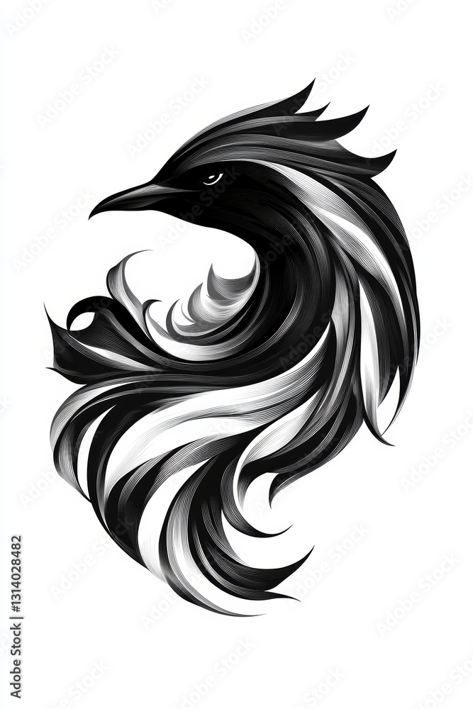 Poster black and white drawing of a bird with a feathery tail. the bird has a very sharp beak and is lookin