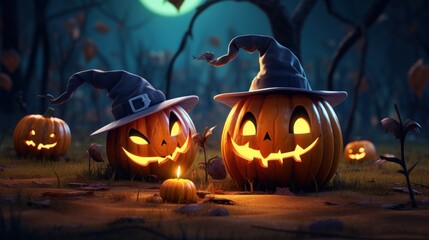 Spooky Halloween Scene with Jack-o'-Lanterns in a Dark Forest