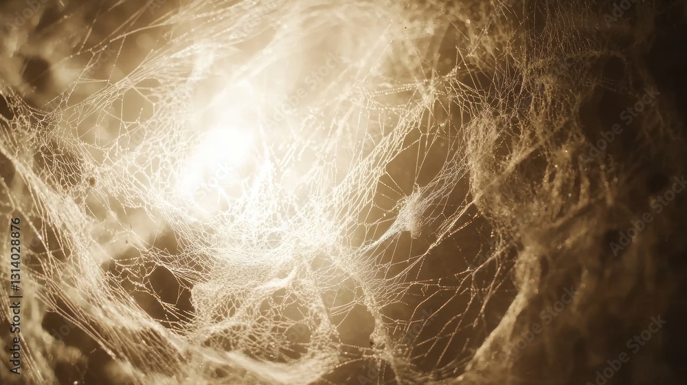 Poster close-up of a large, intricate spiderweb with a bright light source in the background.