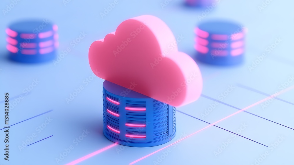 Poster colorful 3d cloud icon above database cylinder representing data storage and cloud computing modern 