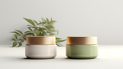 Two Ceramic Jars with Wooden Lids and a Green Leafy Branch