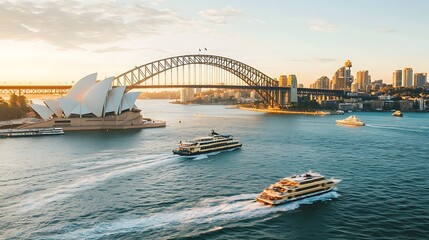 Obraz premium Sydney Harbour sunrise, Opera House, Harbour Bridge, ferries.