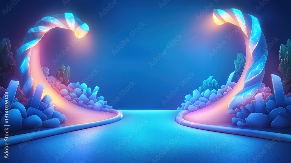 Poster glowing pathway with twisted columns in a fantasy landscape at dusk