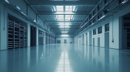 Obraz premium Empty industrial warehouse interior with polished floor, metal shelving, and skylights.