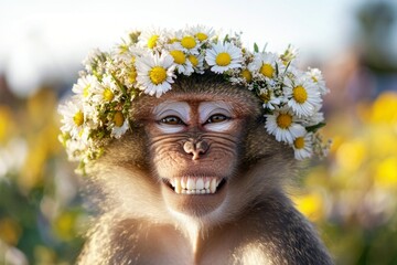 Fototapeta premium Cute adult animal baboon wearing free flower wreath on its head. Sunny daylight. Summer happiness. Wild animal enjoying sunshine. Beautiful floral scene with wildlife. Dreamy wilderness scene.