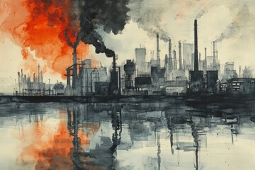 Obraz premium Vivid watercolor painting of an industrial landscape showcasing factories and smoke. The reflective water adds depth, highlighting environmental concerns.