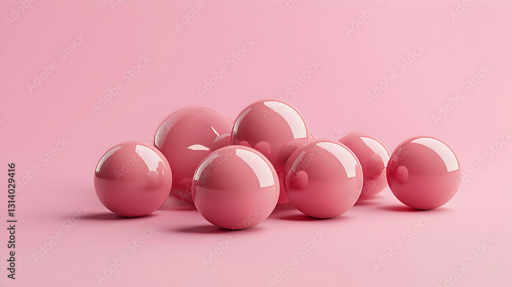 Poster glossy pink spheres clustered on a pastel pink studio background with soft lighting and smooth textu