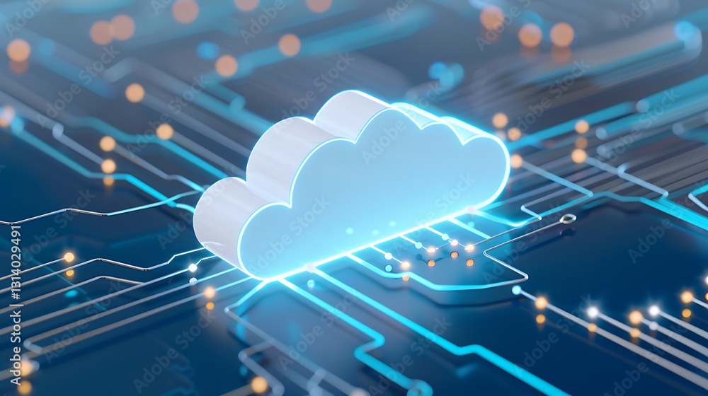 Poster digital cloud computing concept on circuit board with blue light elements and data flow visuals