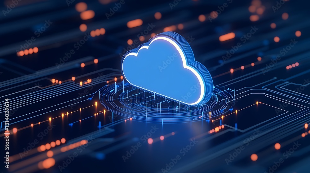 Poster digital cloud computing concept with abstract circuit board elements and glowing blue cloud icon