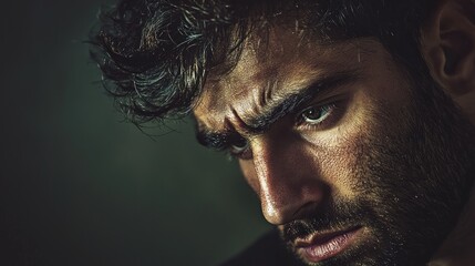 Close-up portrait of a serious, brooding man with dark hair and beard.