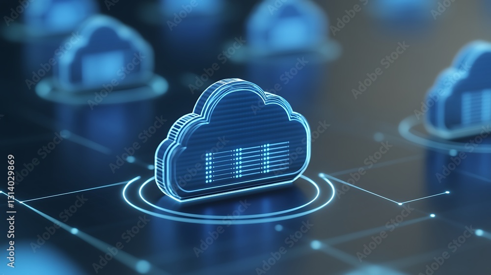 Poster digital cloud computing concept with blue neon cloud icons connected in virtual network environment