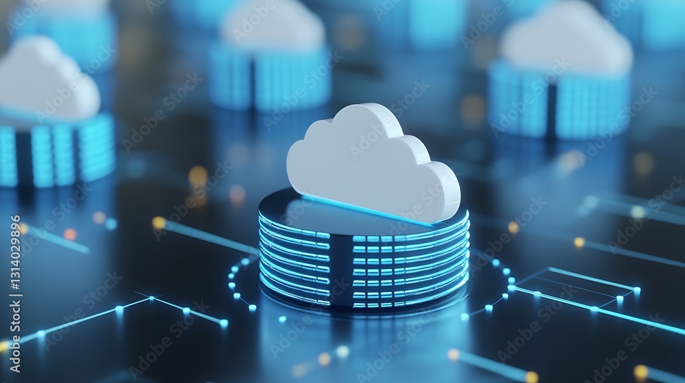 Poster digital cloud computing concept with blue glowing data storage and abstract technology background