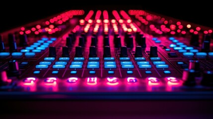 Obraz premium Professional audio mixing console with vibrant lighting