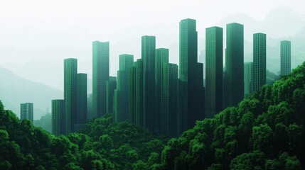Urban Jungle: Skyscrapers Surrounded by Lush Greenery and Mist