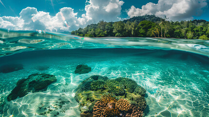 Naklejka premium crystal-clear water of the sea, light and shadow intertwined on top, the bottom covered with coral reefs, sunlight shining through the waves onto the underwater corals