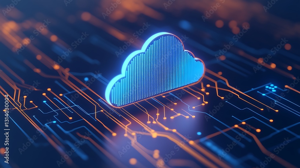 Poster digital cloud computing concept with circuit board background in blue and orange colors