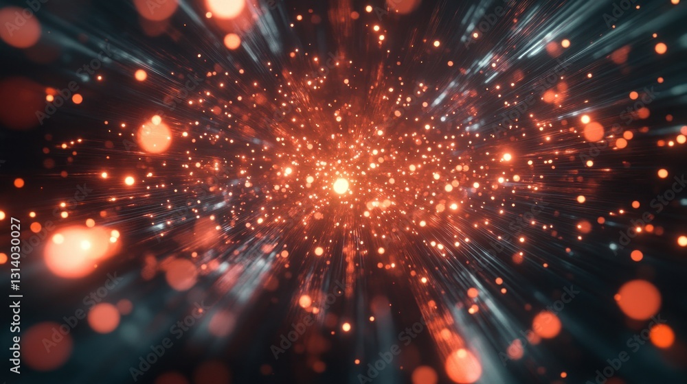 Poster an abstract illustration displaying an explosion of orange particles and light