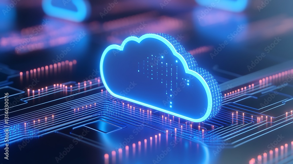 Poster Digital Cloud Computing Concept with Circuit Board Elements and Neon Blue Glow in Background