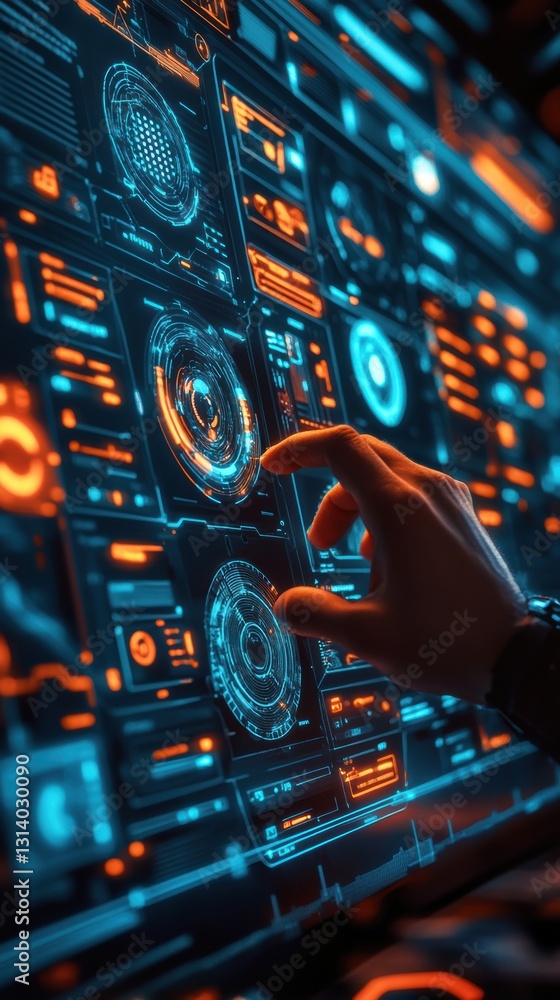 Poster futuristic technology interface: a hand interacting with a high-tech digital display showing vivid n