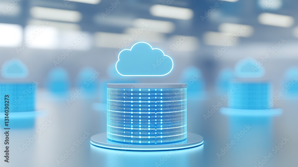 Poster digital cloud computing concept with data storage and blue technology elements in modern environment