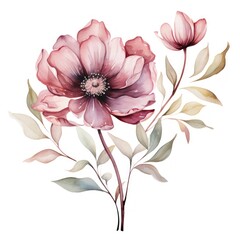 Obraz premium Watercolor Painting of a Delicate Pink Flower with Leaves
