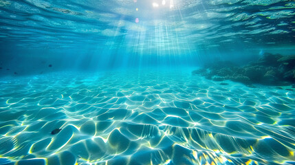 Naklejka premium crystal-clear water of the sea, light and shadow intertwined on top, the bottom covered with coral reefs, sunlight shining through the waves onto the underwater corals