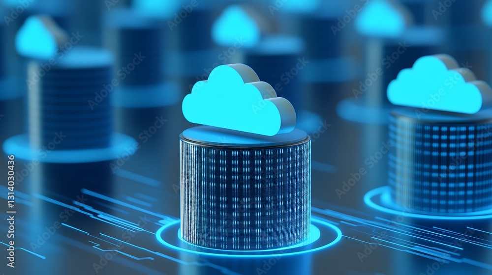 Poster digital cloud computing concept with data storage and technology visualization for modern applicatio