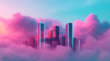Fototapeta premium Futuristic Cityscape in Vibrant Pink and Blue Cloudy Sky