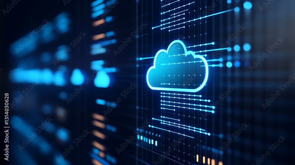 Poster digital cloud computing concept with data streams and blue lights in a futuristic technology backgro