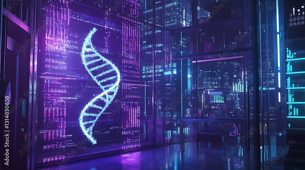 Poster futuristic lab interior with glowing dna helix data visualization on a large screen.