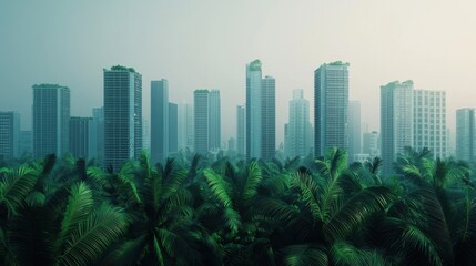 Urban Skyscrapers Surrounded by Lush Green Palm Trees Landscape