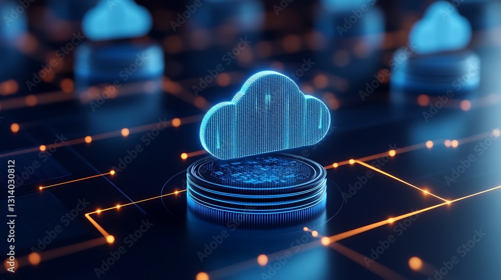 Poster digital cloud computing concept with floating cloud icon and circuit connections in futuristic envir