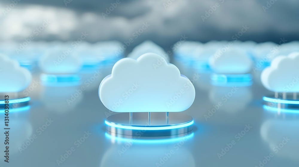 Poster digital cloud computing concept with glowing clouds and futuristic background for technology and inn