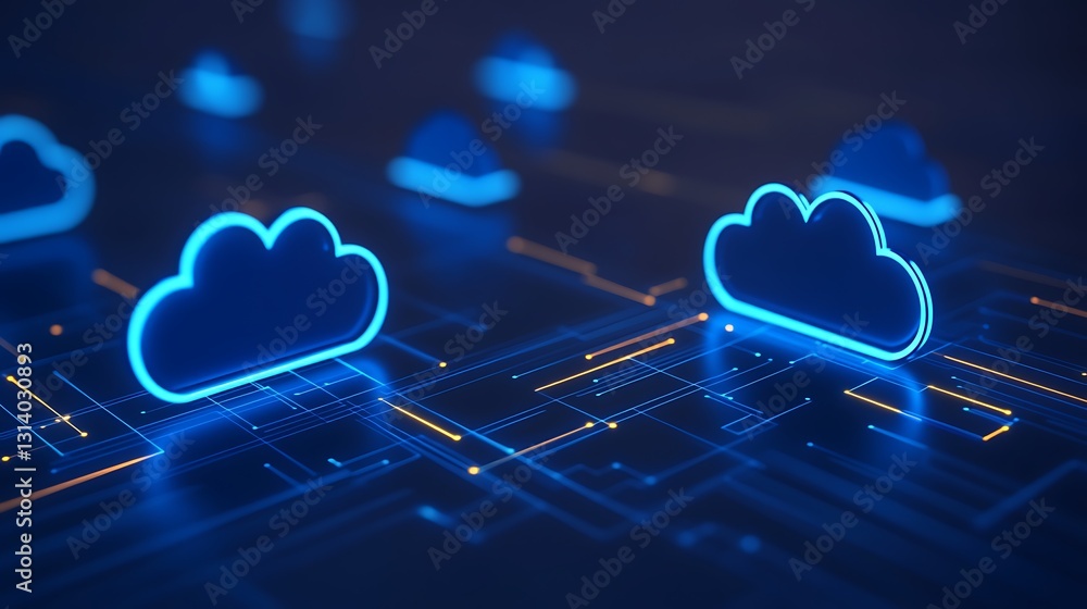 Poster digital cloud computing concept with neon blue clouds and circuit pattern on dark background