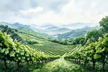 Obraz premium Serene Vineyard Landscape Rolling Hills and Lush Grapevines under a Cloudy Sky.