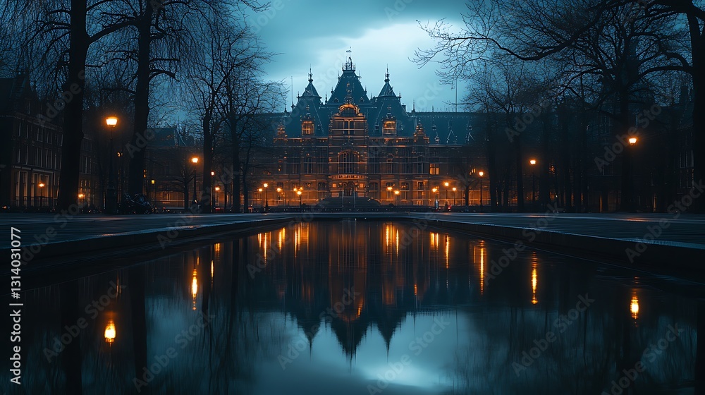 Poster twilight view of a grand building reflected in a calm pool of water, surrounded by trees and illumin