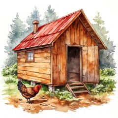 Watercolor Painting of a Rustic Wooden Chicken Coop in a Serene Countryside Setting