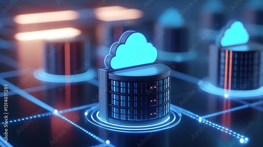 Poster digital cloud computing concept with servers and blue cloud icon on futuristic technology background