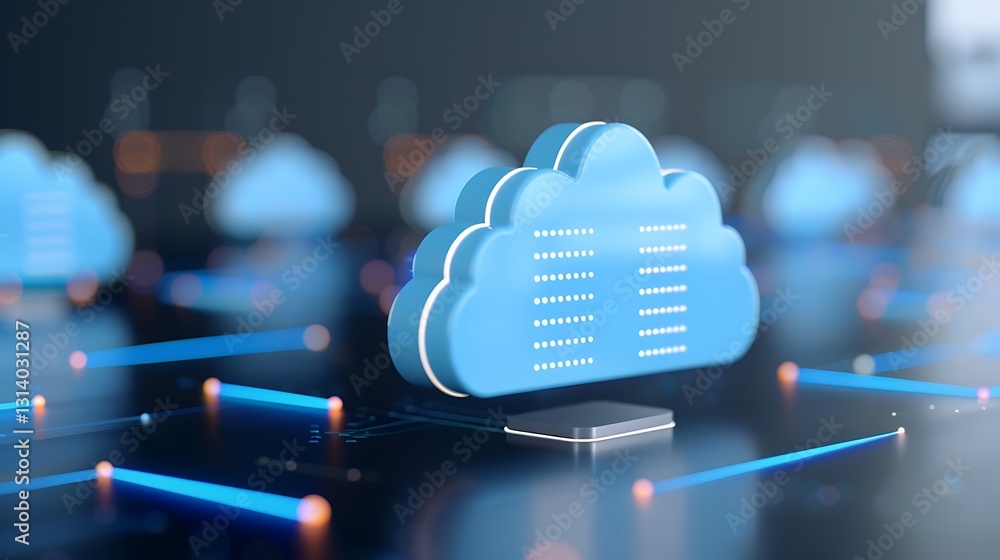 Poster digital cloud computing concept with network connections and data flow in technology environment