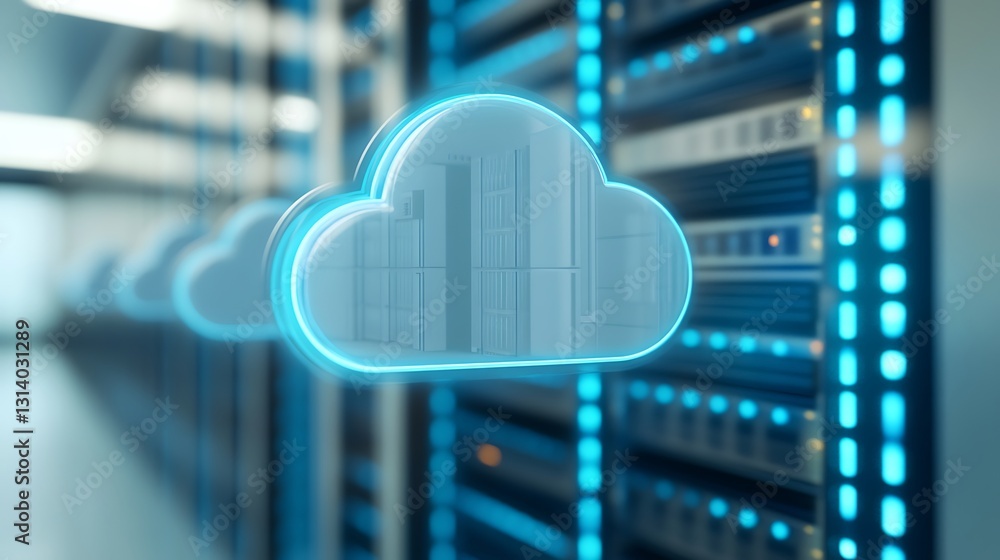 Poster digital cloud computing concept with server racks and blue light effects in a modern data center env