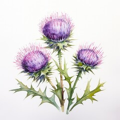 Watercolor Painting of Thistle Flowers with Green Leaves and Spiky Stems