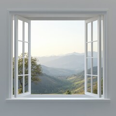Window with a view of mountains and a tree. The view is very beautiful and peaceful