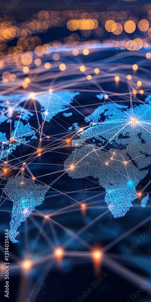 Poster Abstract digital map representing global connectivity with illuminated light connections. Ideal for technology, data, and communication themes.