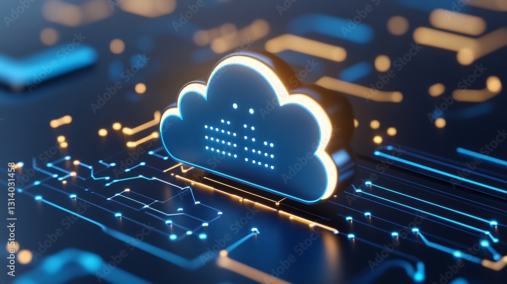 Poster digital cloud computing concept with technology elements and circuit background in blue and orange l
