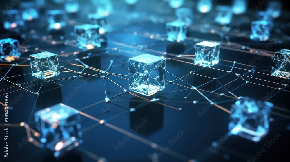 Aufkleber 3d rendering of a network of connected cubes in a blue and black environment
