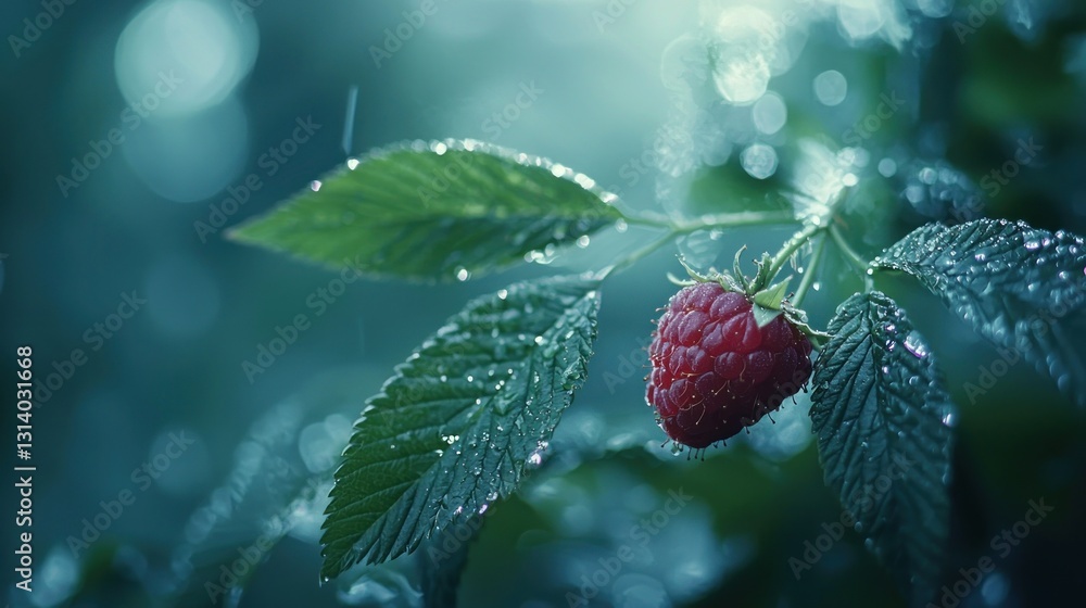 Aufkleber dew-covered raspberry on a branch.