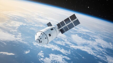 Spacecraft in Orbit Above Earth with Blue Planet Background