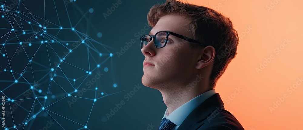 Poster a young man in a suit gazes thoughtfully while a network of interconnected dots and lines forms a di