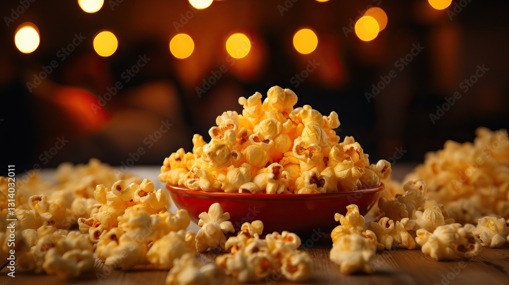 Poster a bowl of popcorn on a table with a blurred background