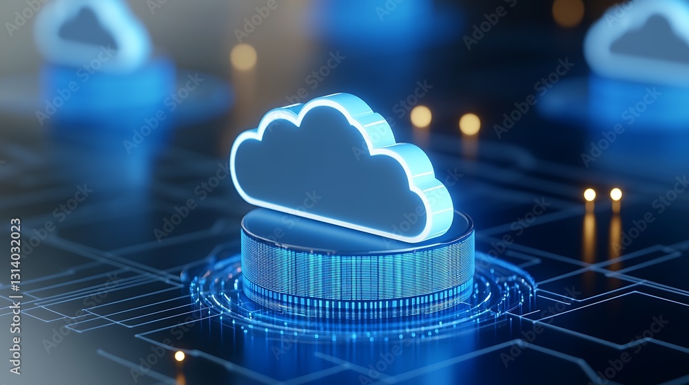 Poster digital cloud computing symbol on futuristic circuit board with glowing elements in a technology con